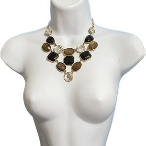 INC Gold Tone Bib Statement Necklace Black Faceted